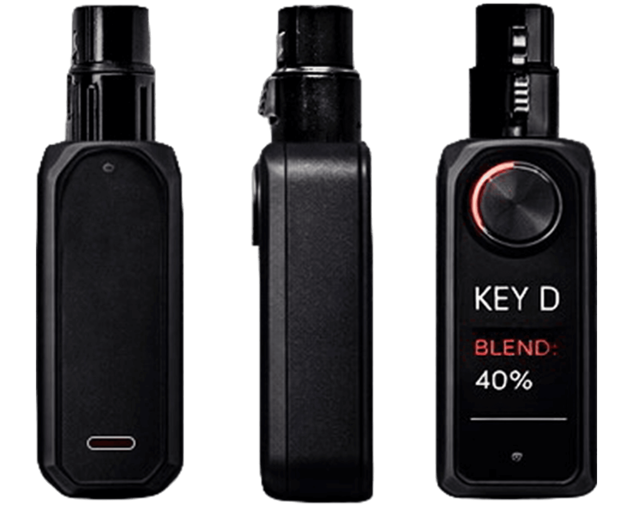 VOXCHAIN V1 — front, side, and back views with OLED display showing KEY D / BLEND 40%.