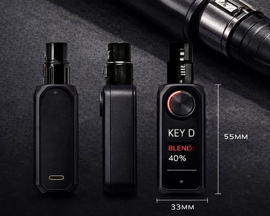 VOXCHAIN V1 from three angles — inline XLR module showing OLED display with KEY D / BLEND 40%