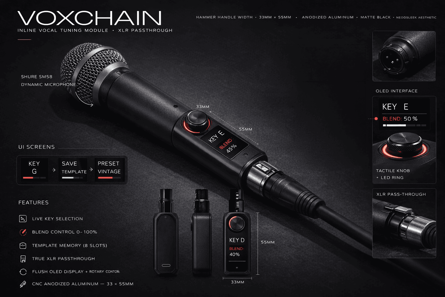 VOXCHAIN V1 product sheet — inline XLR vocal processor with OLED display, rotary control, and CNC anodized aluminum housing