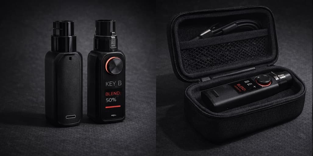 VOXCHAIN V1 device with premium hardshell carrying case. Matte black CNC aluminum body, OLED display showing Key B and Blend 50%.
